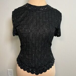 Vintage Black Beaded Short Sleeve Women's Top